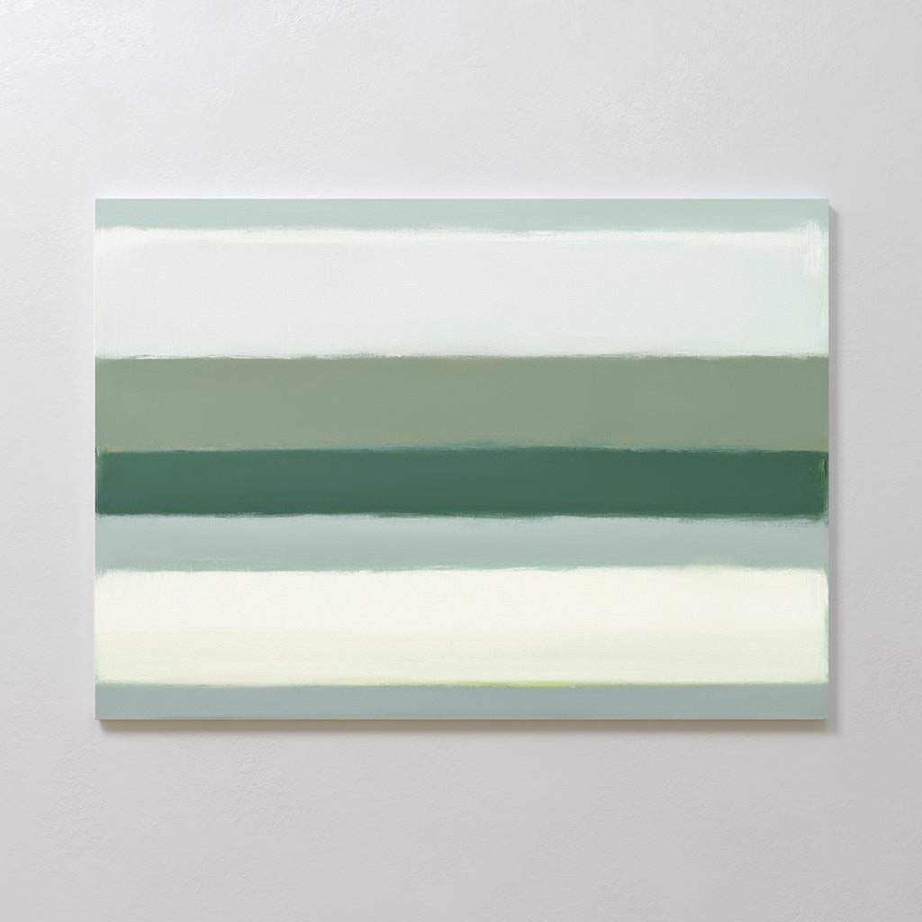 The Sage Gradient Canvas Art - Horizontal features soft, blended horizontal bands of muted green, gray, and off-white, creating a calm and serene minimalist look for your wall.