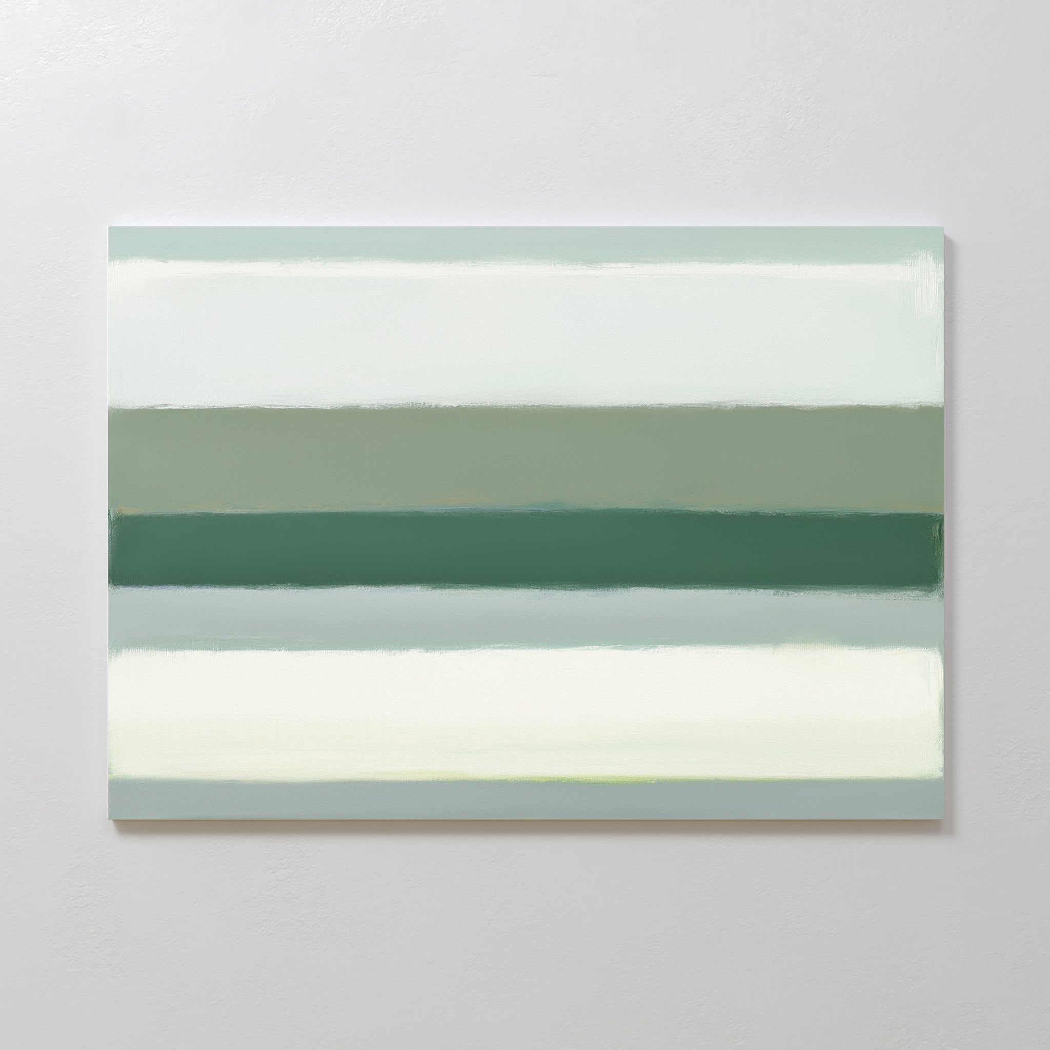 The Sage Gradient Canvas Art - Horizontal features soft, blended horizontal bands of muted green, gray, and off-white, creating a calm and serene minimalist look for your wall.