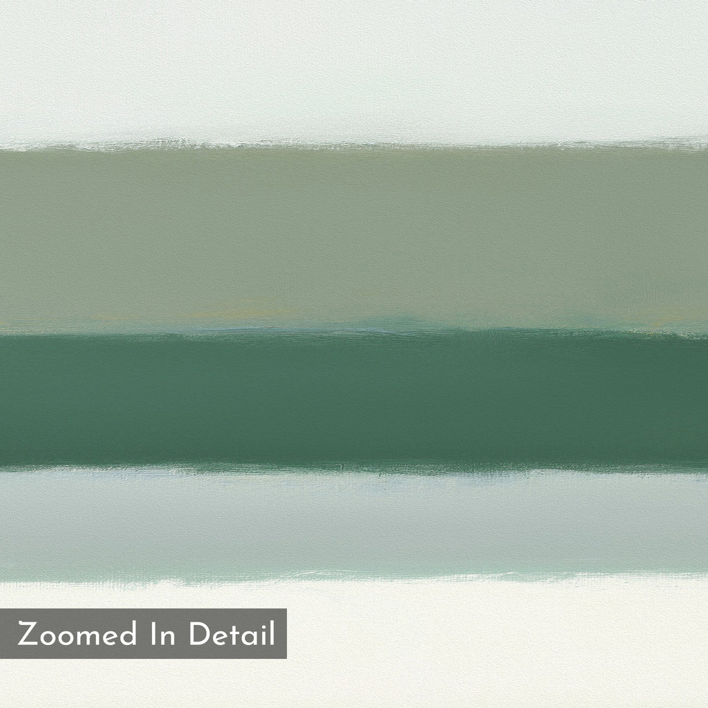 The Sage Gradient Canvas Art - Horizontal features horizontal bands in muted green, gray, and off-white with blended edges for a calm mood. A gray box in the lower left reads "Zoomed In Detail." Nordic Park artwork vibes are present.