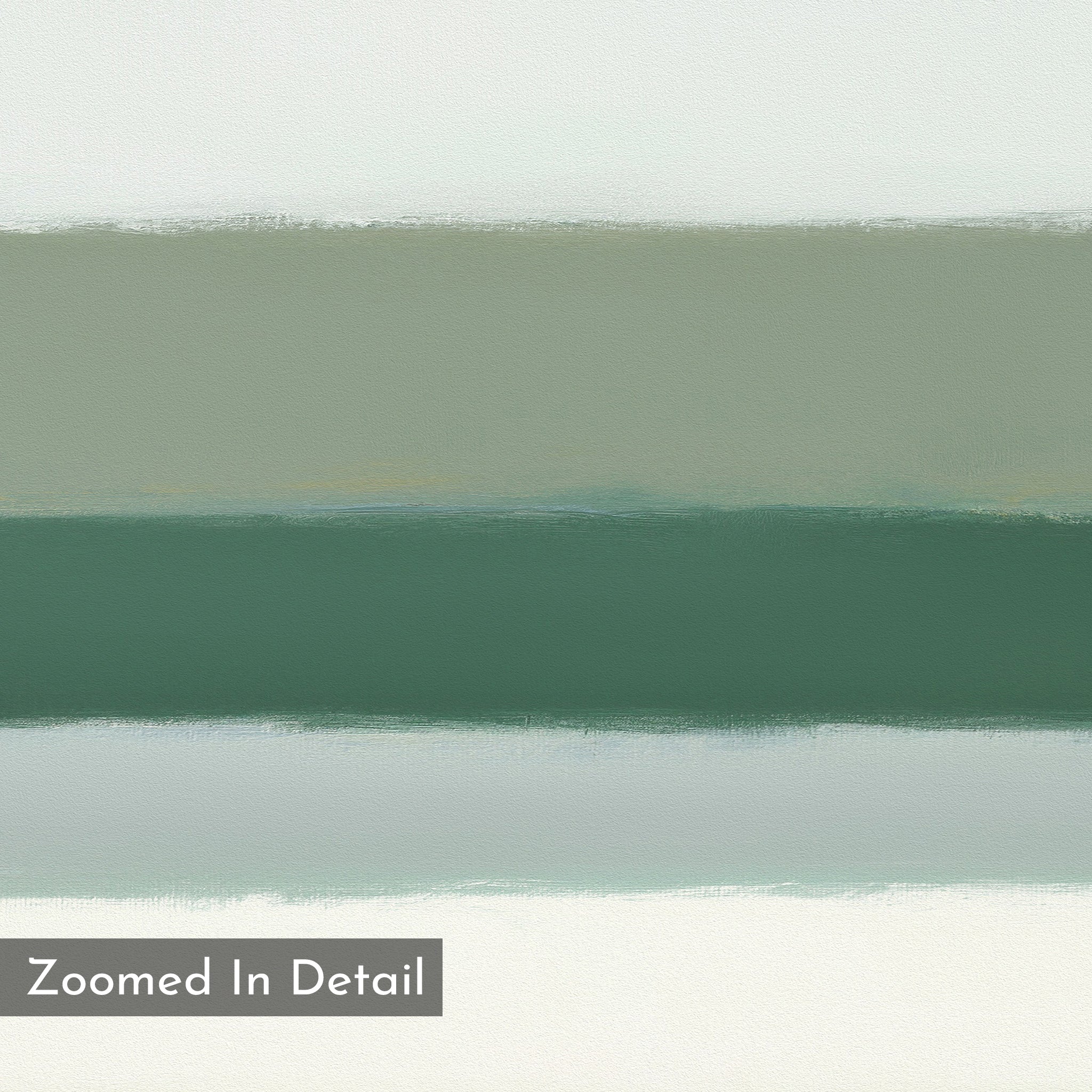 The Sage Gradient Canvas Art - Horizontal features horizontal bands in muted green, gray, and off-white with blended edges for a calm mood. A gray box in the lower left reads "Zoomed In Detail." Nordic Park artwork vibes are present.