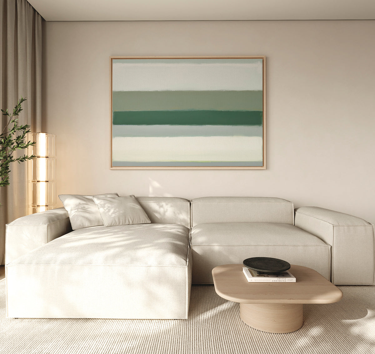 Minimalist living room with a beige sectional sofa, light wood coffee table, Sage Gradient Canvas Art - Horizontal on the wall, floor lamp, corner plant, and neutral decor tones.