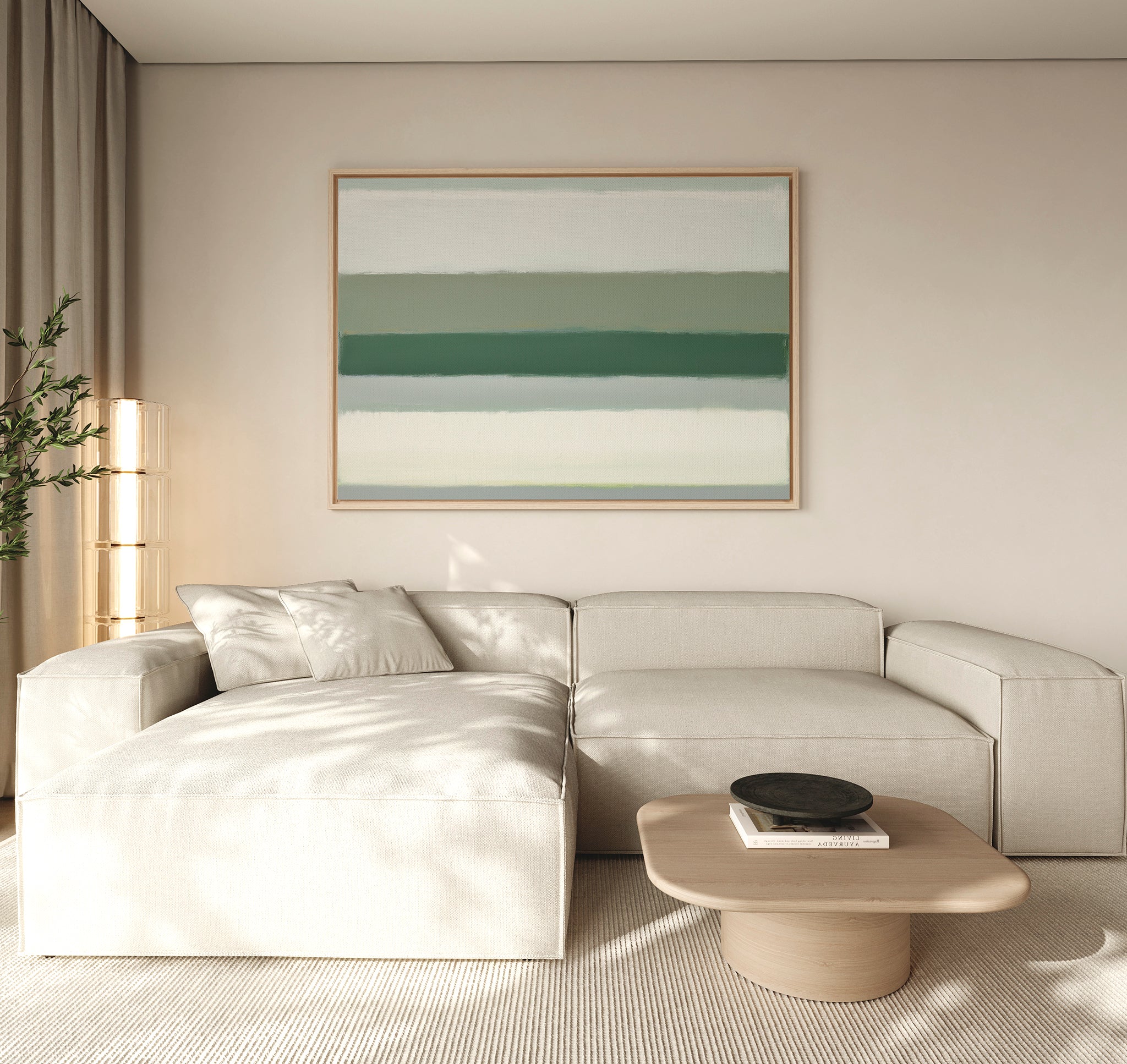 Minimalist living room with a beige sectional sofa, light wood coffee table, Sage Gradient Canvas Art - Horizontal on the wall, floor lamp, corner plant, and neutral decor tones.
