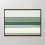 The Sage Gradient Canvas Art - Horizontal features horizontal bands in white, light gray, sage green, and teal, creating a soothing gradient effect on a textured, light-colored wall.