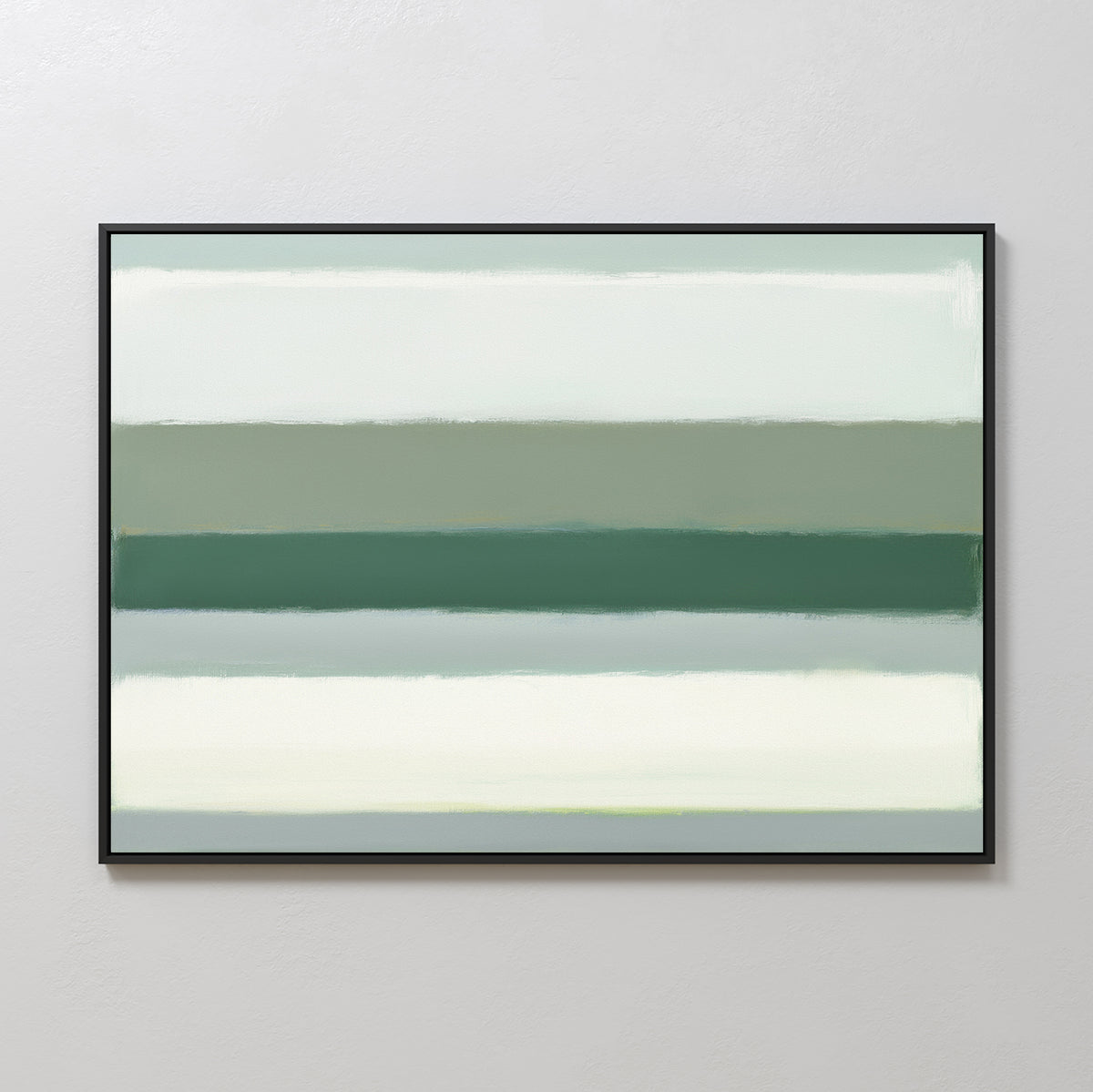 The Sage Gradient Canvas Art - Horizontal features minimalist horizontal bands in soft green, teal, and off-white with a subtle sage gradient, framed in black and displayed on a light wall for a serene Nordic touch.