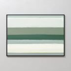 The Sage Gradient Canvas Art - Horizontal features minimalist horizontal bands in soft green, teal, and off-white with a subtle sage gradient, framed in black and displayed on a light wall for a serene Nordic touch.