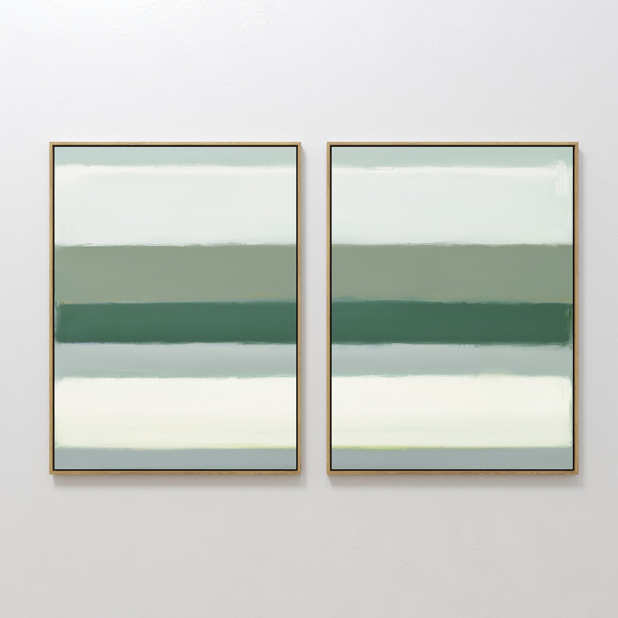 The Sage Gradient - Set Of 2 features framed abstract prints with horizontal stripes in green, gray, and off-white, inspired by Nordic Park artwork for a minimalist and serene look.