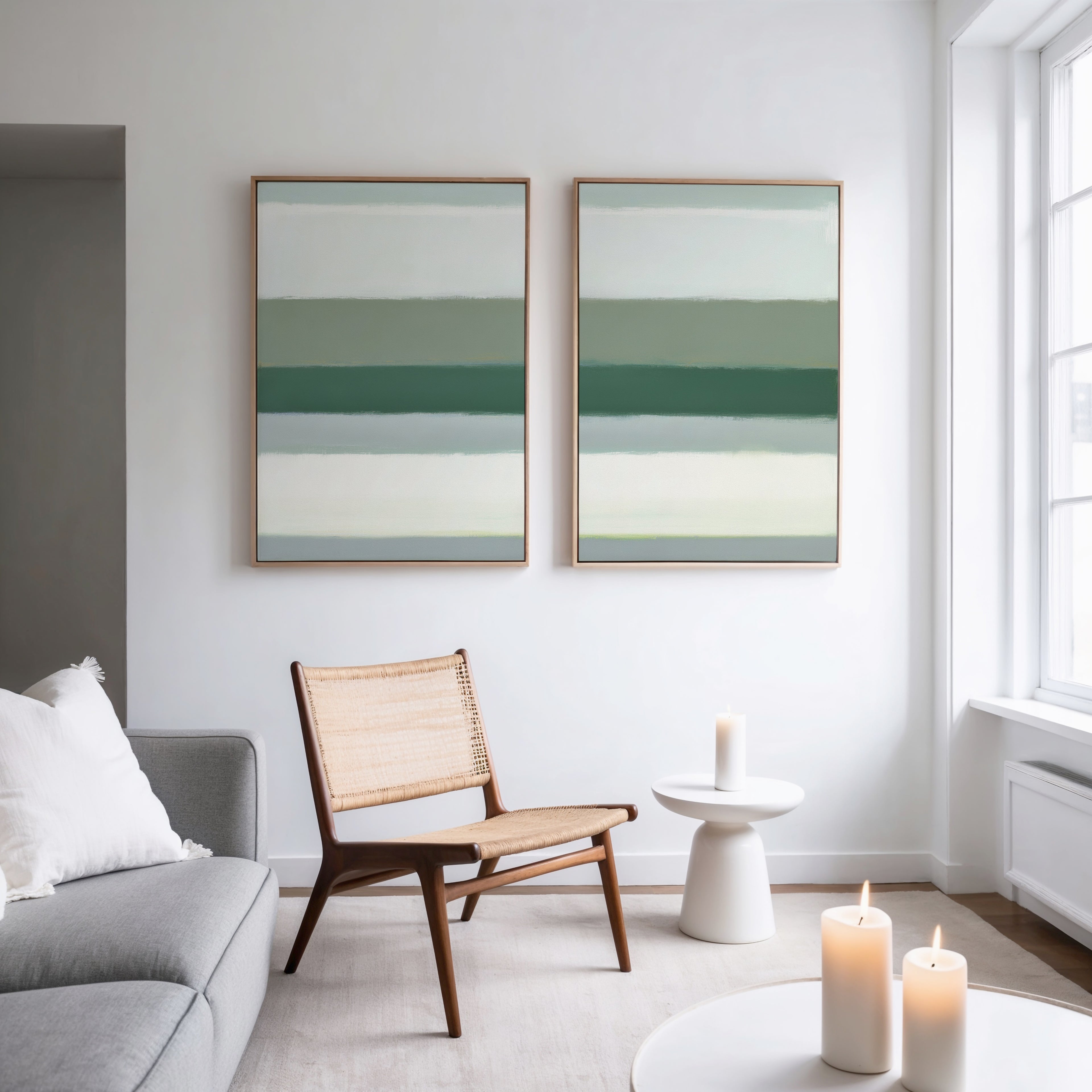A minimal living room featuring a woven chair, gray sofa, Sage Gradient - Set Of 2 wall art, small white side table, and lit candles, all bathed in natural light from large windows.