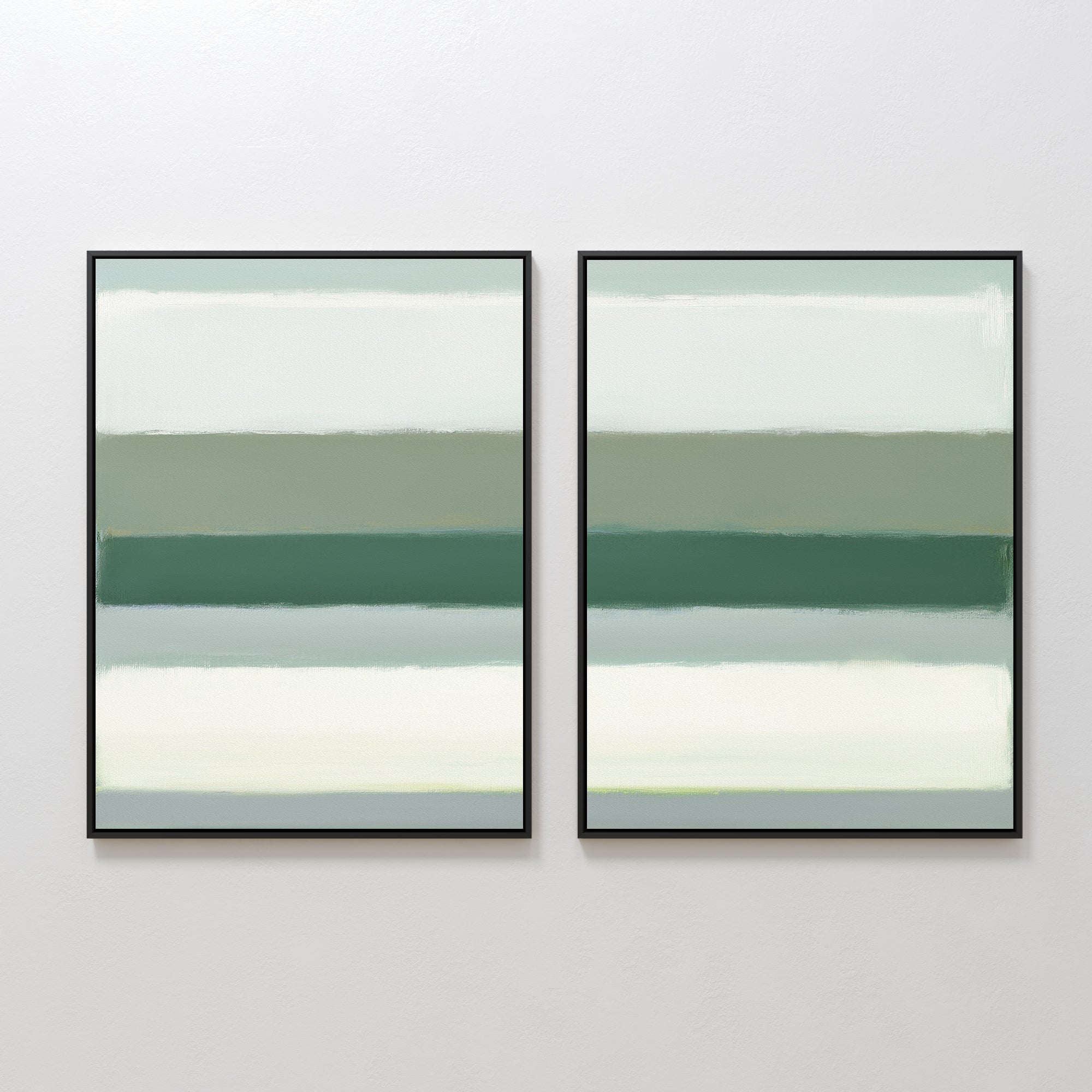 The Sage Gradient - Set Of 2 features framed abstract prints with softly blended muted green, white, and gray horizontal bands for a calm, minimalist look inspired by Nordic Park artwork—perfect for side-by-side display on a white wall.