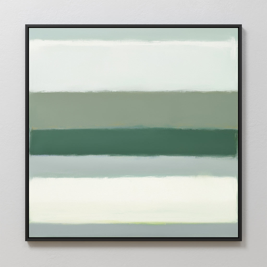 The Sage Gradient Canvas Art - Square showcases horizontal bands of soft green, teal, and white with blurred edges in a calming abstract style. A thin black frame adds elegance, making it ideal for display on a light-colored wall.