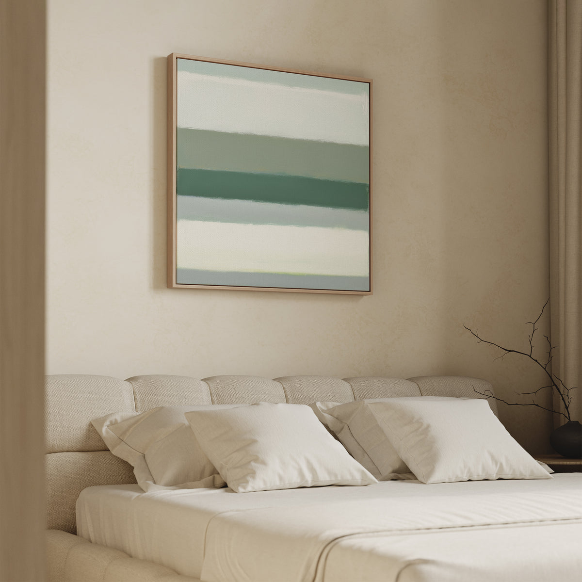 Minimalist bedroom featuring a beige tufted bed with white bedding and pillows. Above the bed hangs the Sage Gradient Canvas Art - Square, displaying calming horizontal green and white stripes. A bare branch decorates the side table.