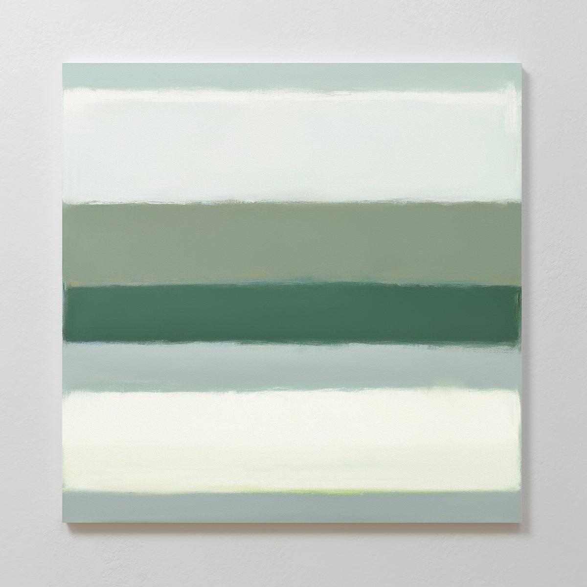 Sage Gradient Canvas Art - Square features horizontal bands of soft green, white, and gray tones. This calming abstract print adds a minimalist touch with a subtle sage gradient across the square canvas.
