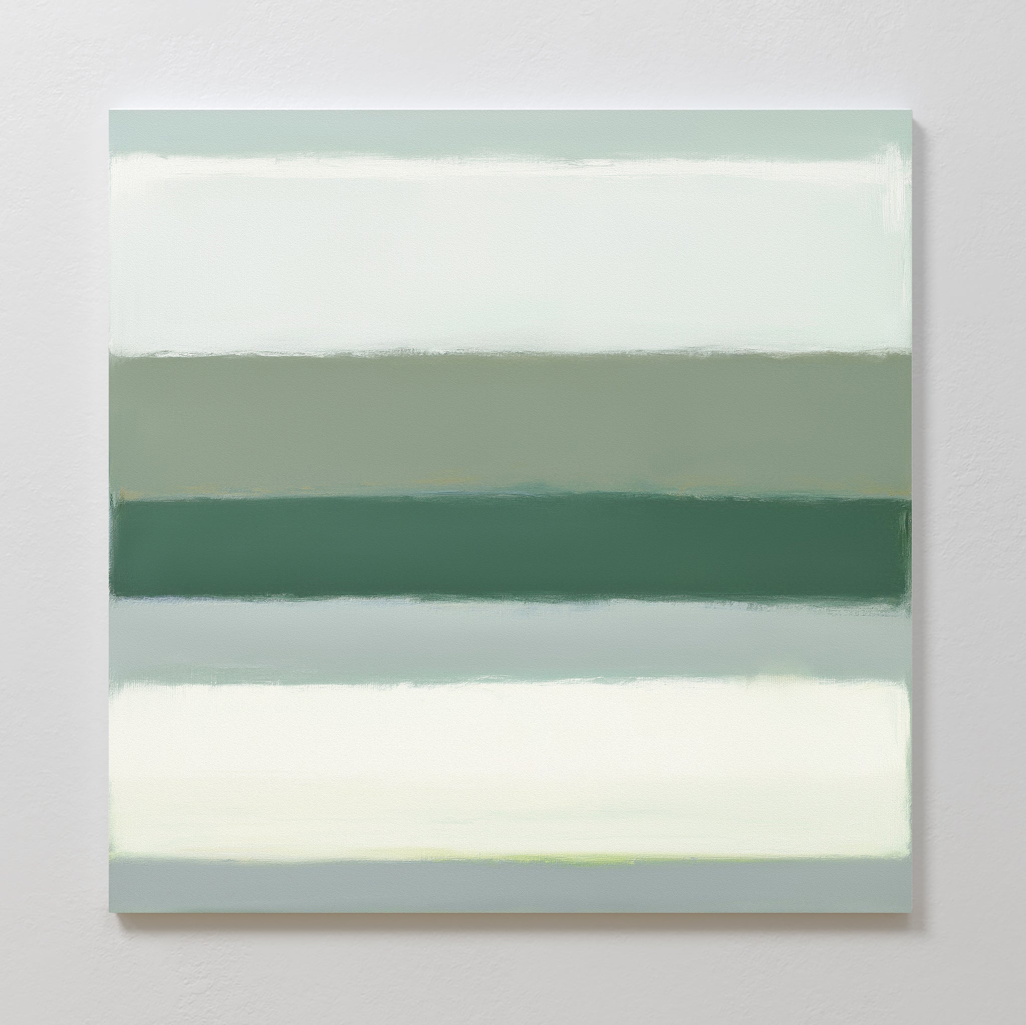 Sage Gradient Canvas Art - Square features horizontal bands of soft green, white, and gray tones. This calming abstract print adds a minimalist touch with a subtle sage gradient across the square canvas.