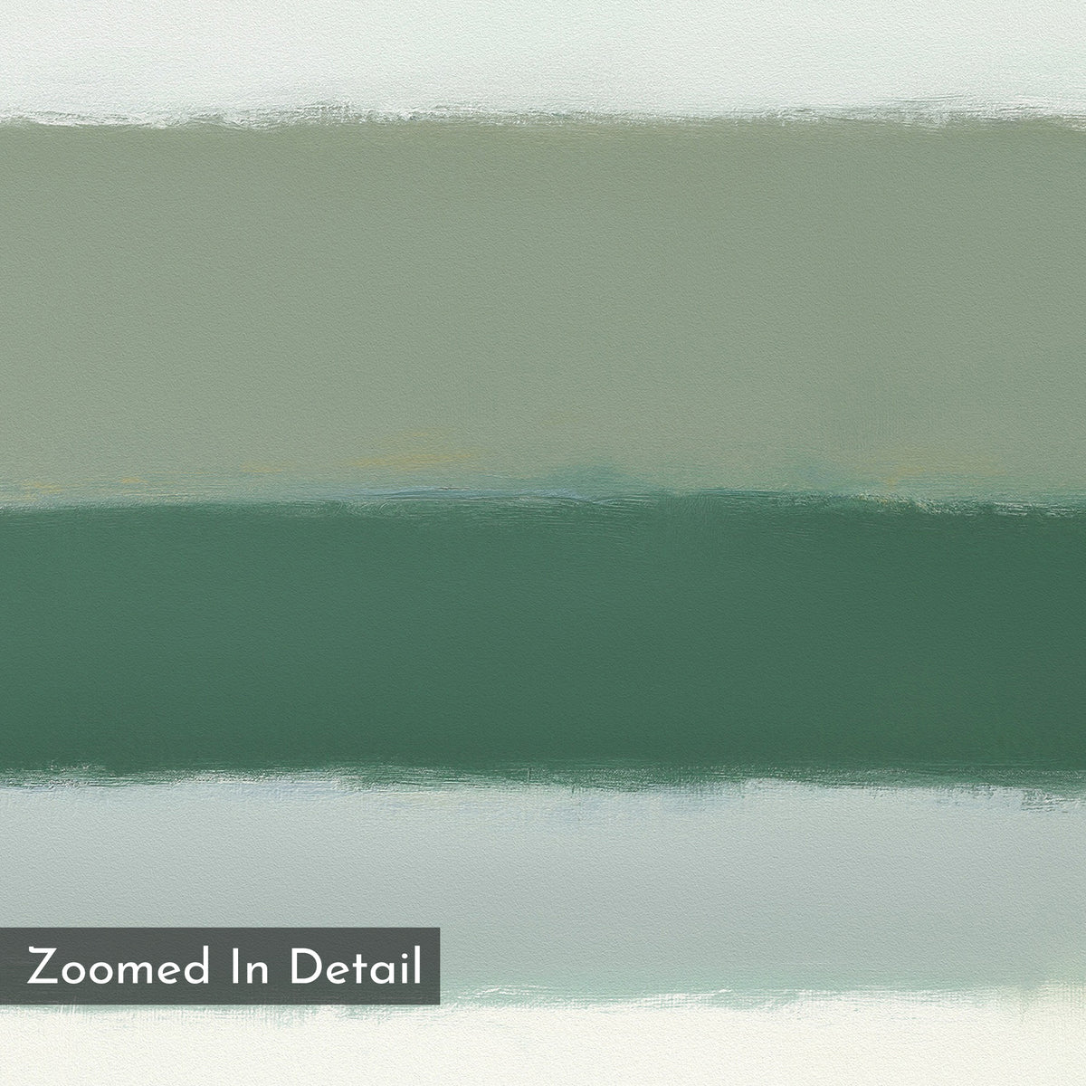 The Sage Gradient Canvas Art - Vertical features calming bands of muted green, beige, and off-white with soft edges. Labeled "Zoomed In Detail" in the lower left, it's perfect as sage green wall art for tranquil interiors.