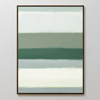 Sage Gradient Canvas Art - Vertical features soft, blended bands of muted sage green, gray, and off-white with a calming abstract look. Displayed in a thin dark frame against a light wall, it creates a serene focal point for any space.