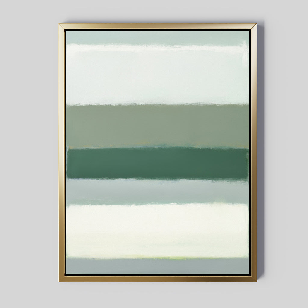 The Sage Gradient Canvas Art - Vertical features calming horizontal bands in sage green, gray, and white with softly blended edges, set in a metallic gold frame for a tranquil touch to any space.