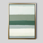 The Sage Gradient Canvas Art - Vertical features calming horizontal bands in sage green, gray, and white with softly blended edges, set in a metallic gold frame for a tranquil touch to any space.