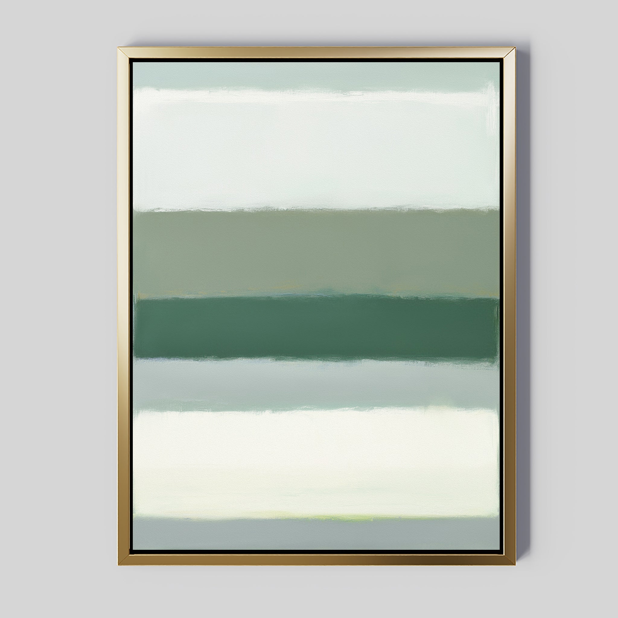 The Sage Gradient Canvas Art - Vertical features calming horizontal bands in sage green, gray, and white with softly blended edges, set in a metallic gold frame for a tranquil touch to any space.