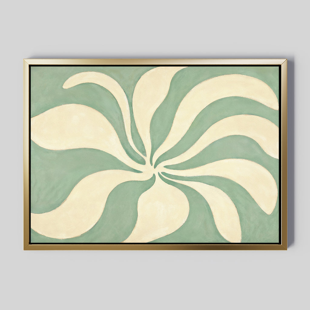 Sage Meditation Canvas Art - Horizontal features abstract cream, petal-like shapes radiating from the center on a muted sage green background. This elegant canvas print comes in a slim gold frame and is shown on a light gray wall.