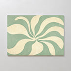 The Sage Meditation Canvas Art - Horizontal features cream, petal-like shapes radiating from the center on a muted sage green background, creating a swirling floral pattern with smooth, organic forms for modern wall décor.