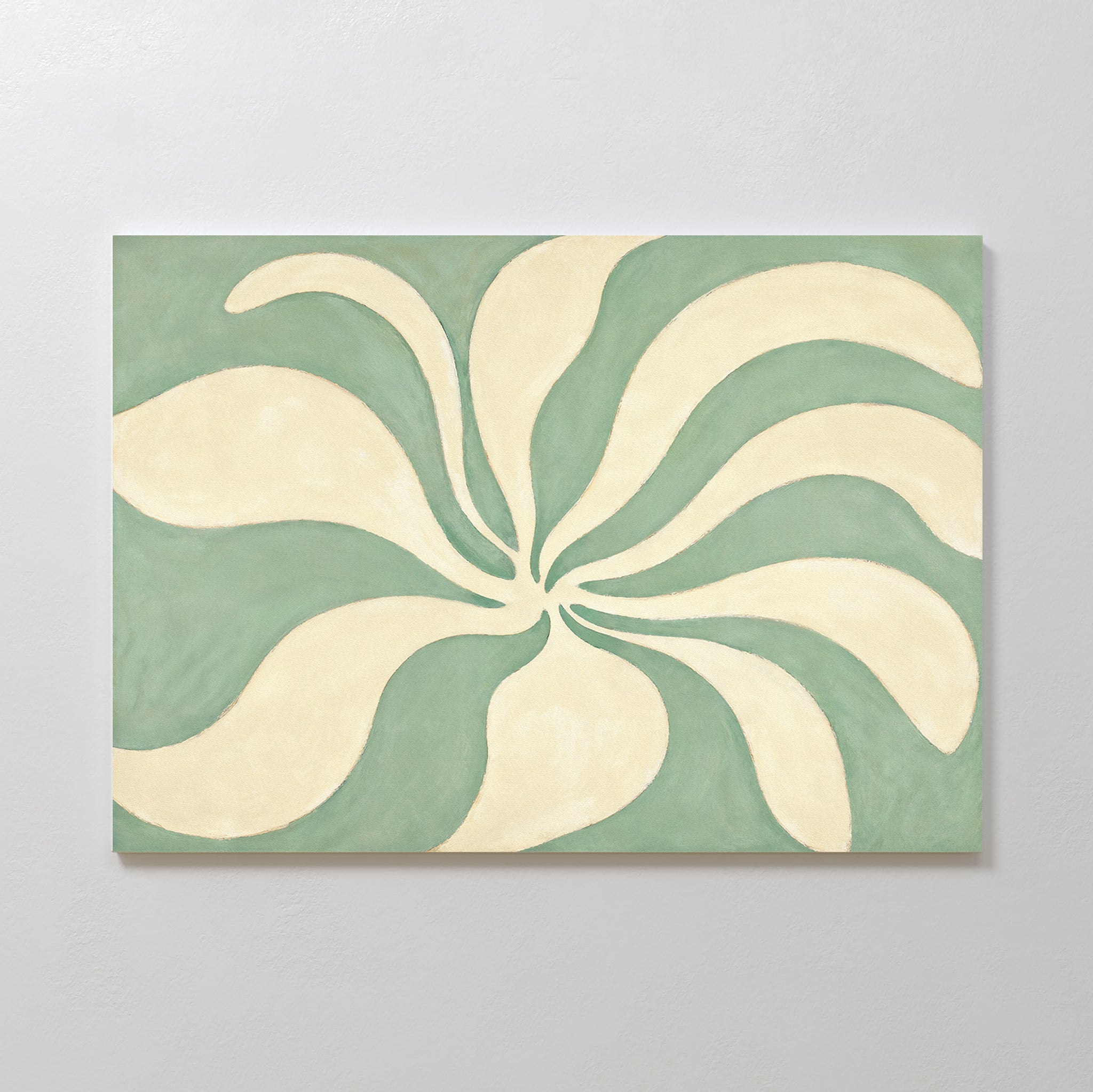 The Sage Meditation Canvas Art - Horizontal features cream, petal-like shapes radiating from the center on a muted sage green background, creating a swirling floral pattern with smooth, organic forms for modern wall décor.