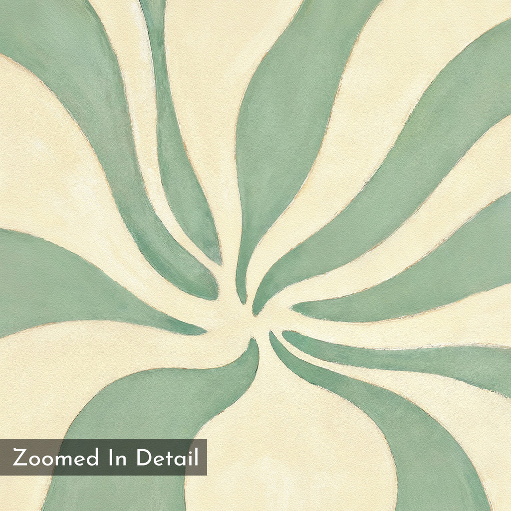 The Sage Meditation Canvas Art - Horizontal features curved sage green shapes radiating from the center on a beige background, evoking movement. A “Zoomed In Detail” label appears in the lower left corner. Perfect for accent walls.