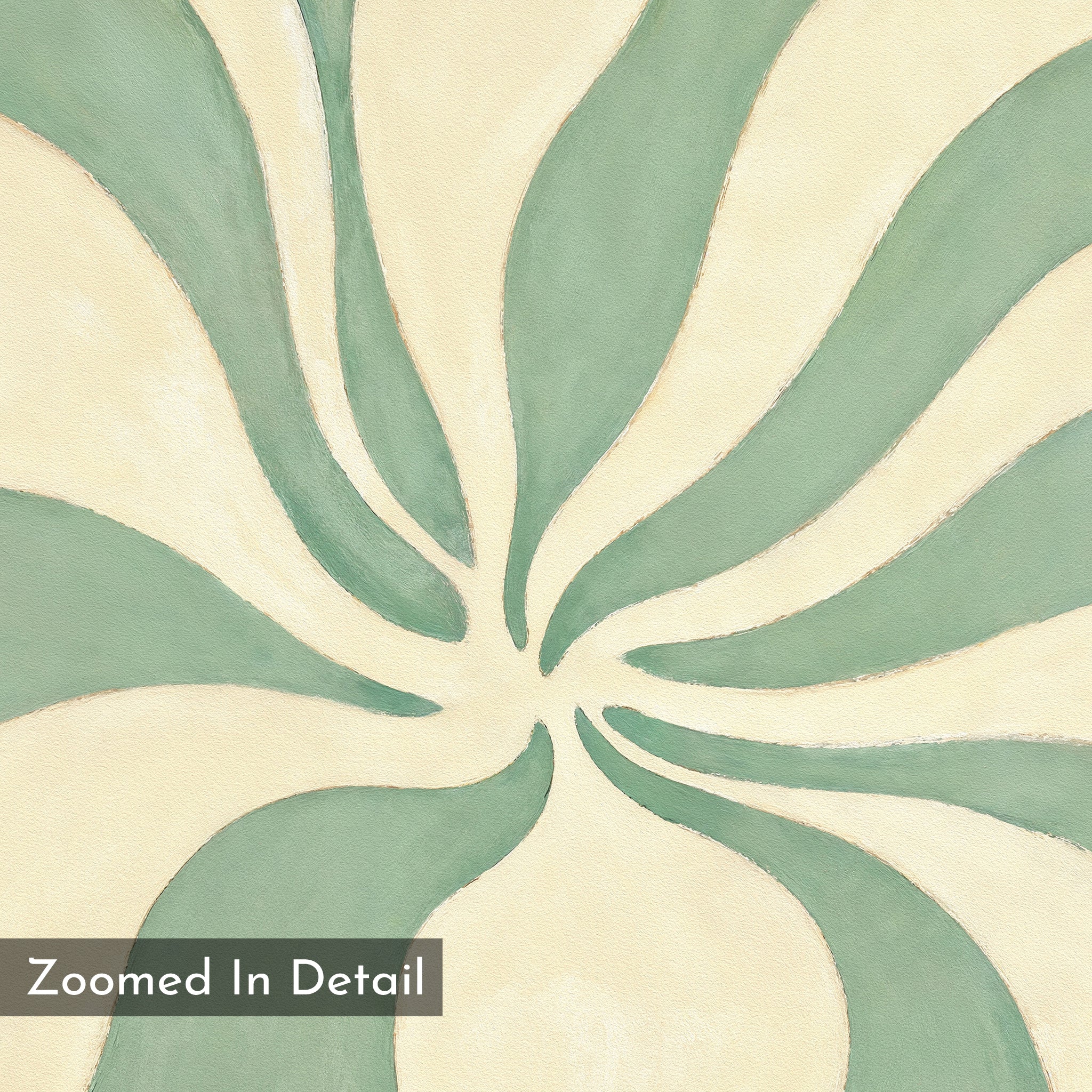 The Sage Meditation Canvas Art - Horizontal features curved sage green shapes radiating from the center on a beige background, evoking movement. A “Zoomed In Detail” label appears in the lower left corner. Perfect for accent walls.