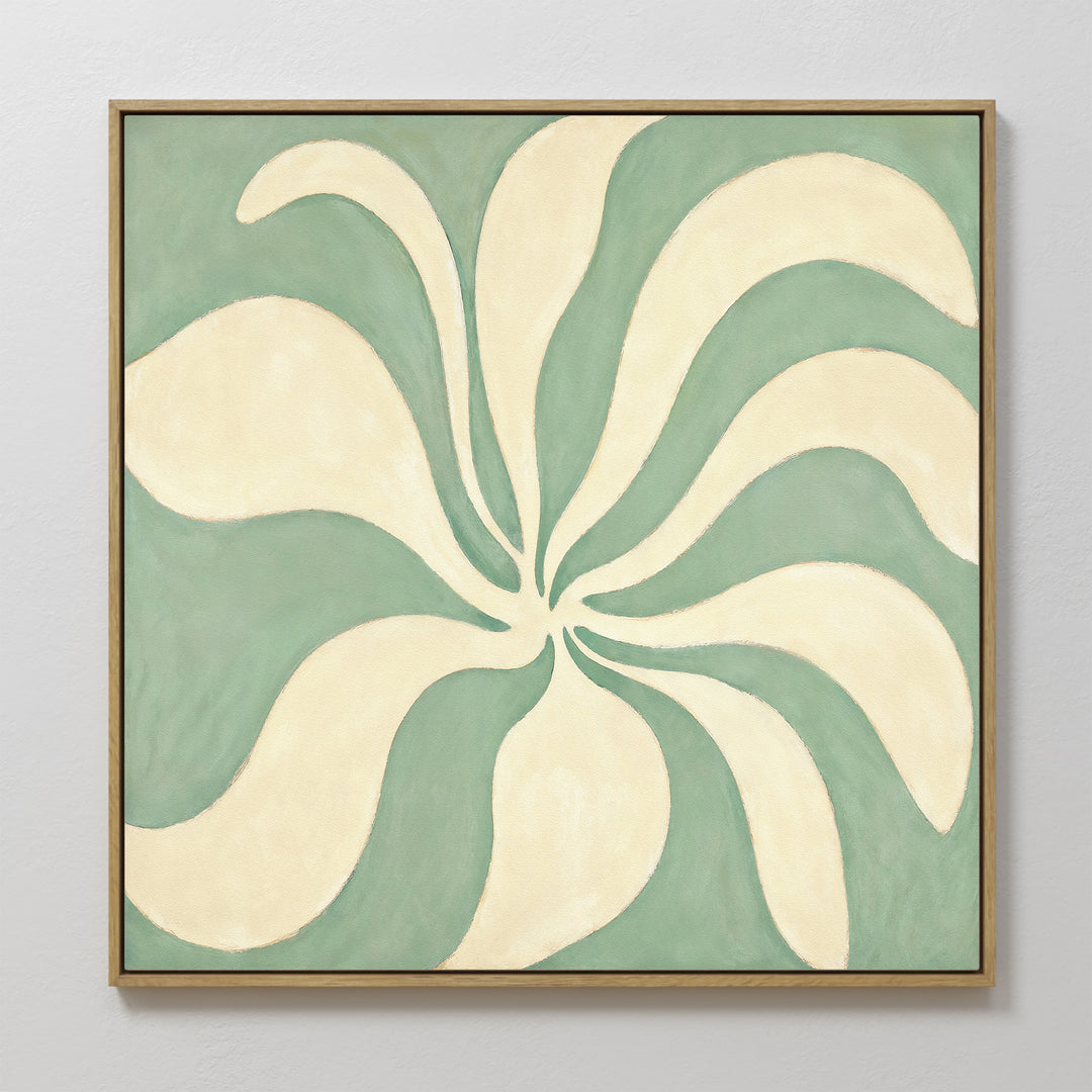The Sage Meditation Canvas Art - Square features cream petal-like shapes radiating from the center on a muted sage green background, framed in thin gold, evoking Nordic Park vibes for your light-colored wall.