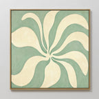 The Sage Meditation Canvas Art - Square features cream petal-like shapes radiating from the center on a muted sage green background, framed in thin gold, evoking Nordic Park vibes for your light-colored wall.