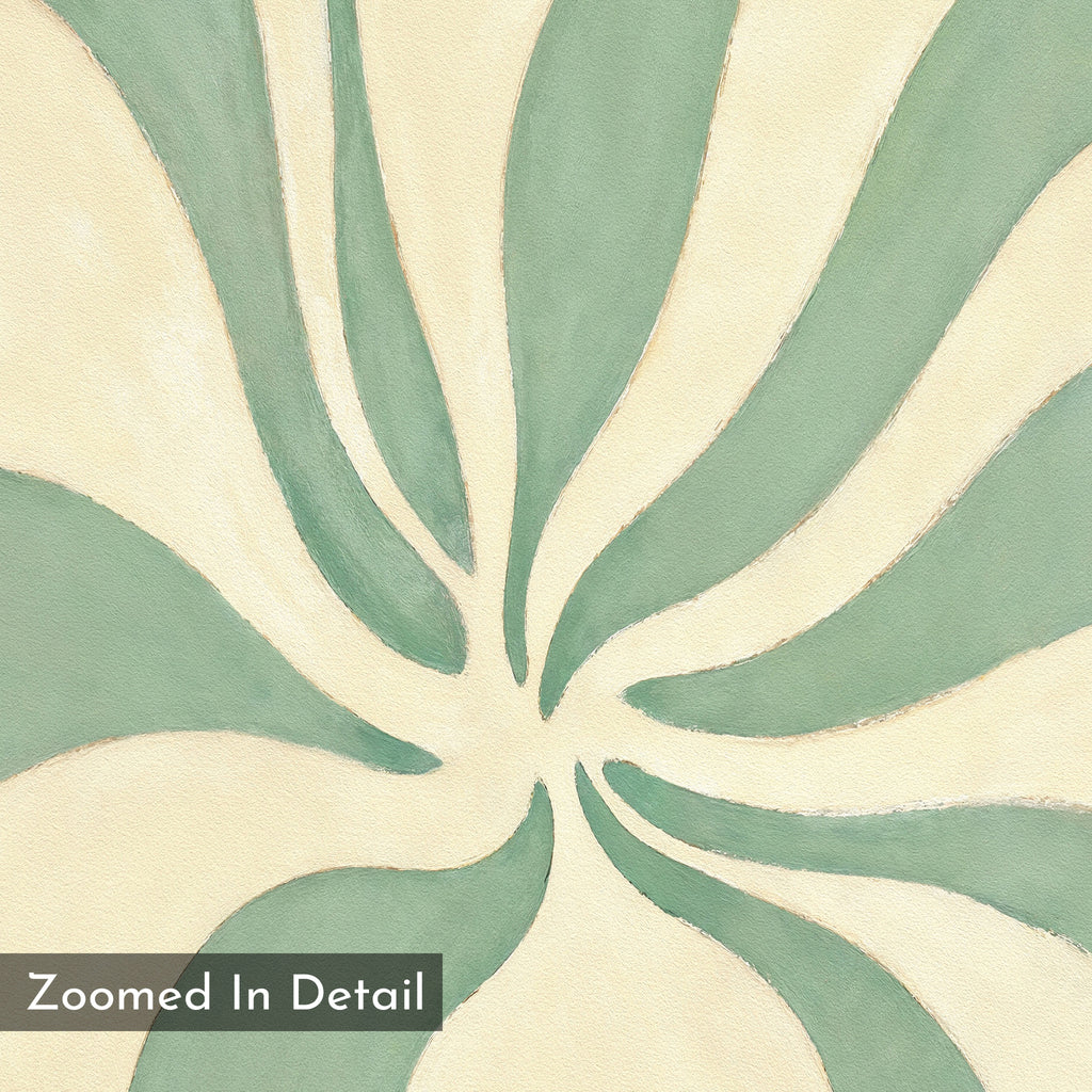 Sage Meditation Canvas Art - Square features abstract sage green curves radiating from the center on a beige background, with "Zoomed In Detail" text in the corner. This canvas print brings a flowing, organic Nordic Park-inspired vibe to any space.