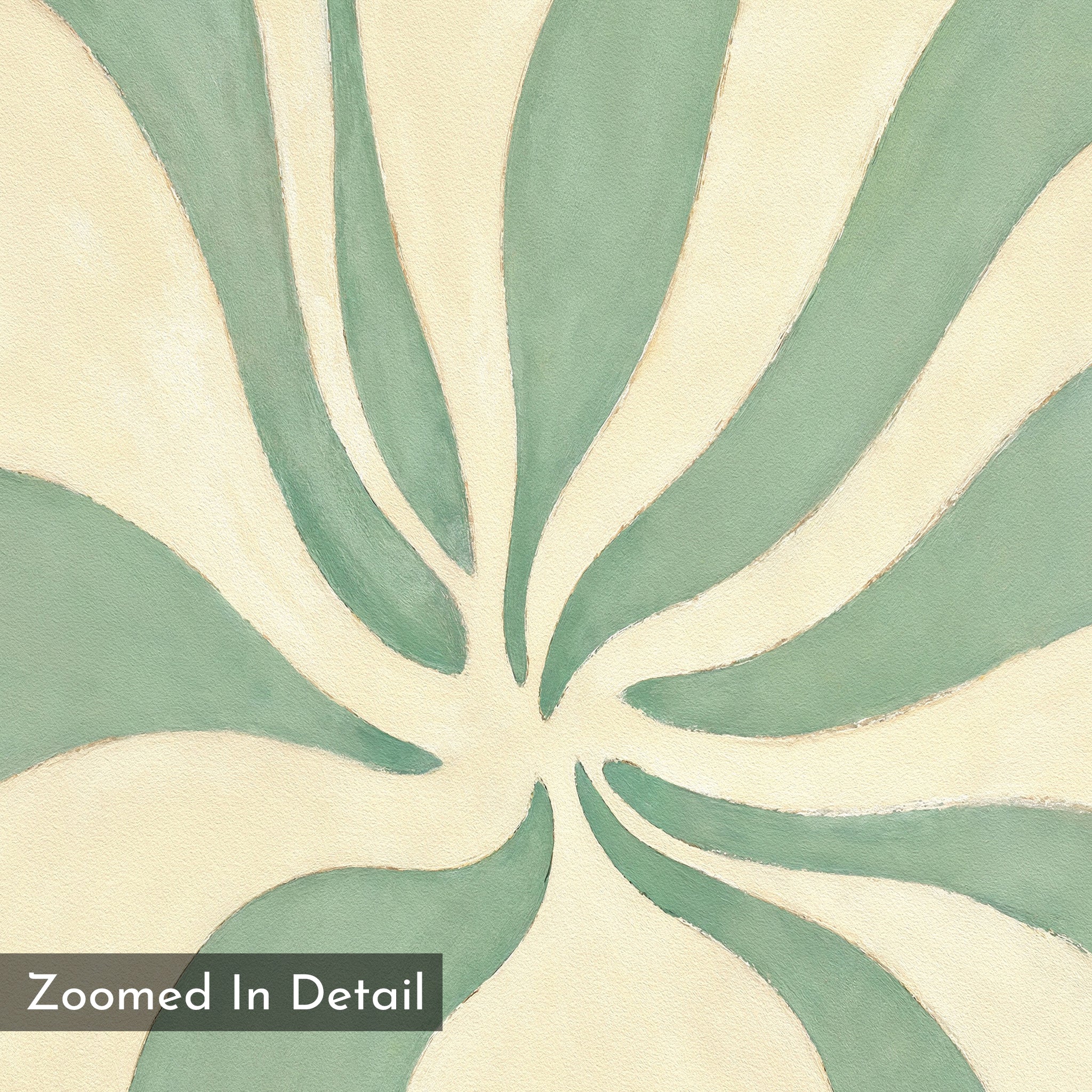 Sage Meditation Canvas Art - Square features abstract sage green curves radiating from the center on a beige background, with "Zoomed In Detail" text in the corner. This canvas print brings a flowing, organic Nordic Park-inspired vibe to any space.