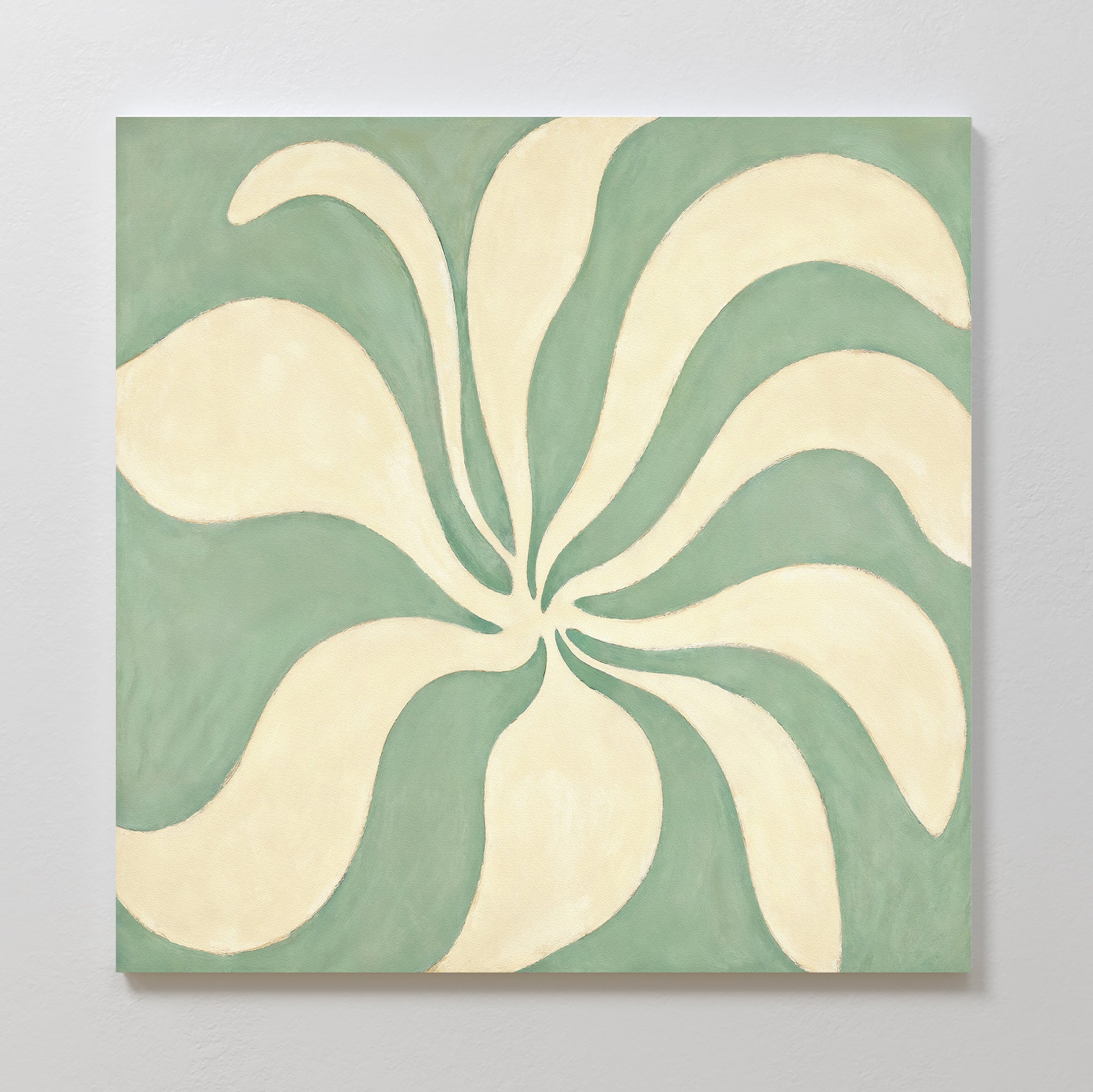 Sage Meditation Canvas Art - Square features cream, petal-like shapes radiating from the center on a soft sage green background, bringing Nordic Park-inspired tranquility and style to any space.