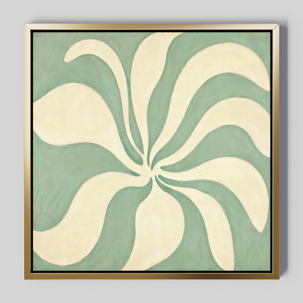 The Sage Meditation Canvas Art - Square features cream petal or wave shapes radiating from a central point on a muted green background. With gold and black framing, it adds Nordic Park style to your sage green wall art collection.