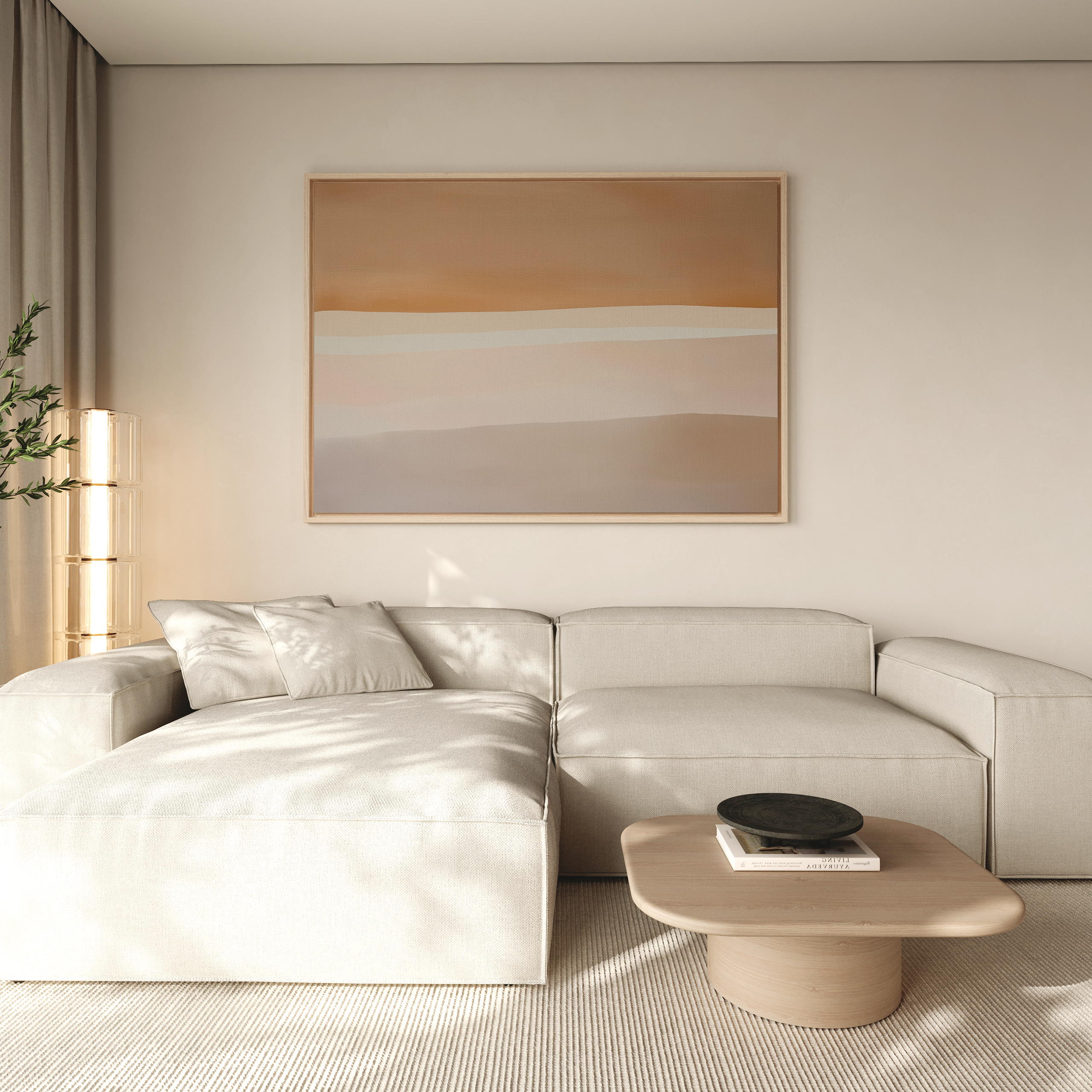 A modern living room with a light beige sectional sofa, Saharan Lines Abstract Canvas Art on the wall, a minimalist wooden coffee table with books and a bowl, soft curtains, and gentle natural light.