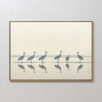 The Sandhill Procession Canvas Art - Horizontal features six graceful cranes in shallow water with their reflections, set against a gentle background—ideal for adding serene elegance to any wall.