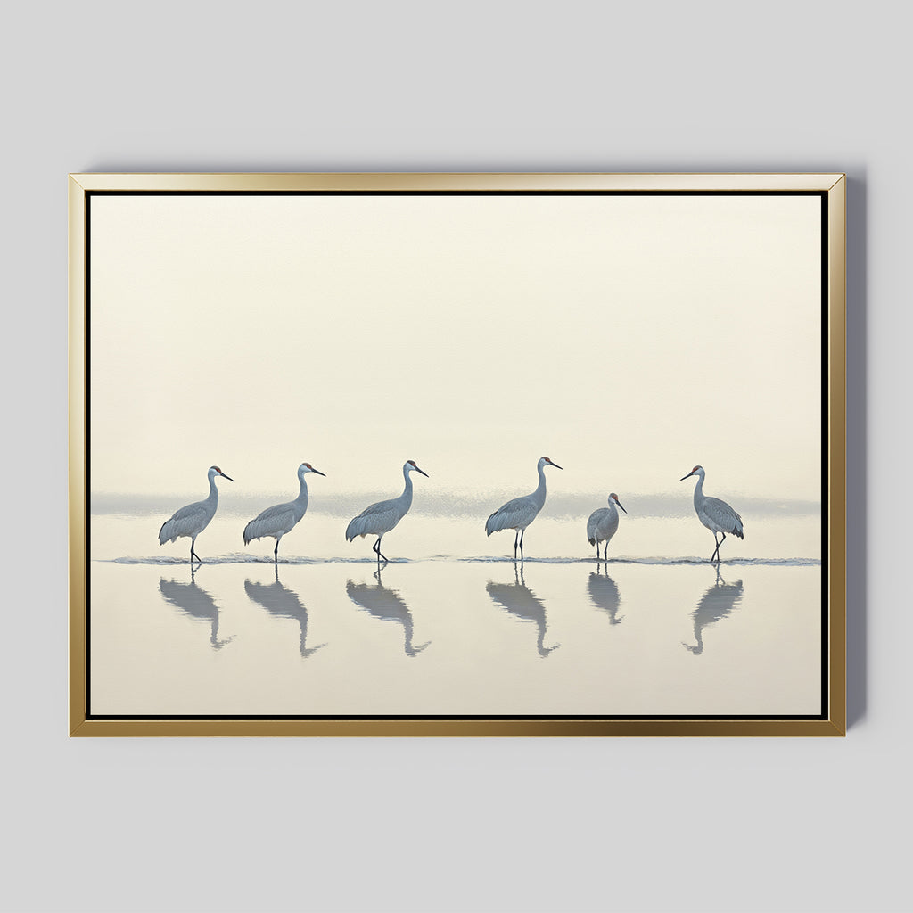 The Sandhill Procession Canvas Art - Horizontal features graceful cranes in shallow water with subtle reflections, set against a light, minimalistic background for serene wall décor inspired by tranquil Nordic parks in soft, neutral tones.