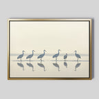 The Sandhill Procession Canvas Art - Horizontal features graceful cranes in shallow water with subtle reflections, set against a light, minimalistic background for serene wall décor inspired by tranquil Nordic parks in soft, neutral tones.