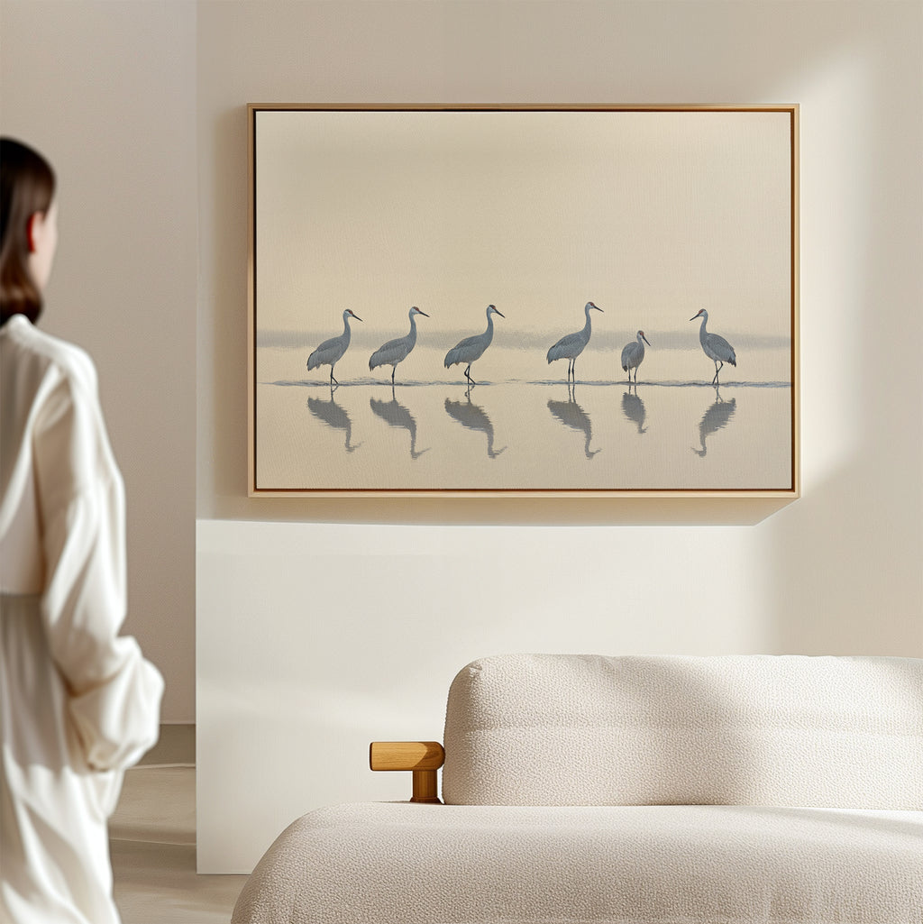 In a softly lit minimalist room, a person admires the Sandhill Procession Canvas Art - Horizontal depicting six elegant cranes reflected in water, while a beige sofa in the foreground enhances the tranquil Nordic Park vibe.