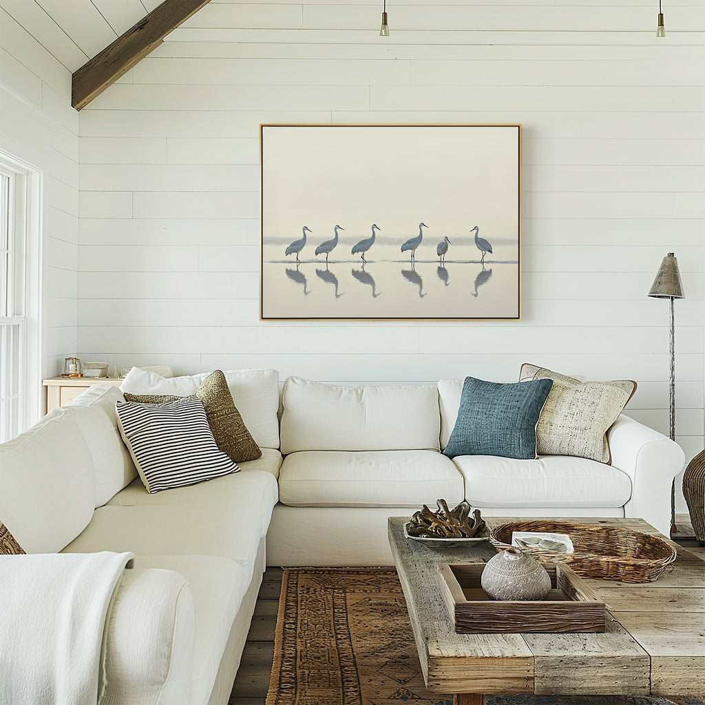 A cozy living room features a white sectional sofa, assorted pillows, a rustic wooden coffee table with decor, and the Sandhill Procession Canvas Art - Horizontal inspired by Nordic Park. Sunlight streams in from a window on the left.