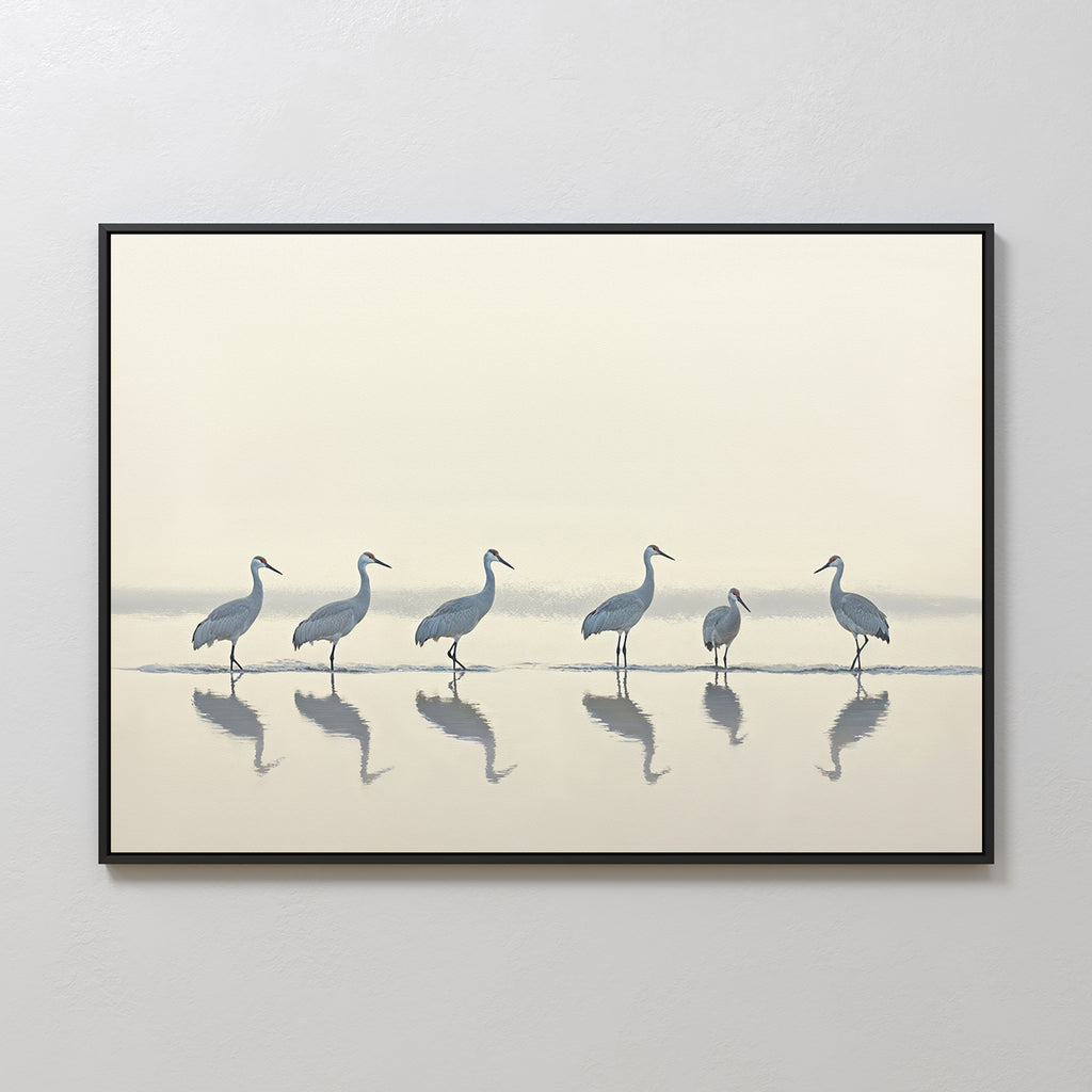 The Sandhill Procession Canvas Art - Horizontal features elegant cranes in shallow water with their reflections, creating serene wall art on a soft, neutral background.