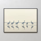 The Sandhill Procession Canvas Art - Horizontal features elegant cranes in shallow water with their reflections, creating serene wall art on a soft, neutral background.