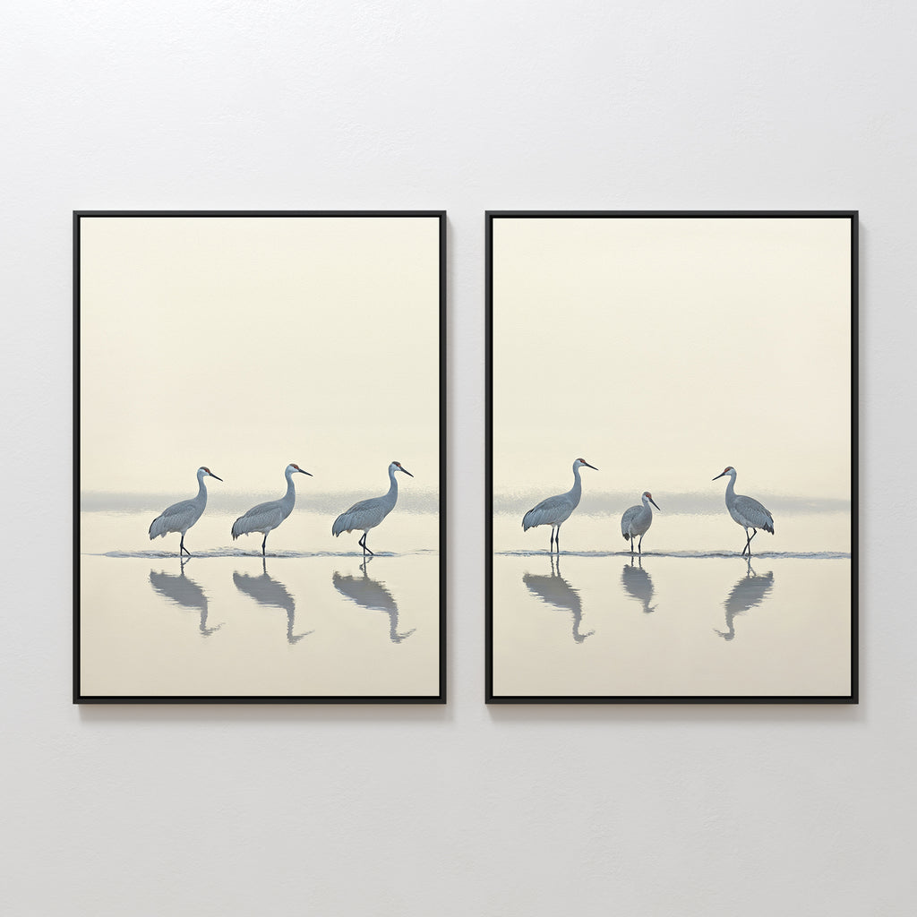 The Sandhill Procession - Set of 2 features framed minimalist prints: the left shows four cranes in a line, the right displays three cranes and a smaller bird, all standing in shallow water with their reflections—perfect serene home decor.