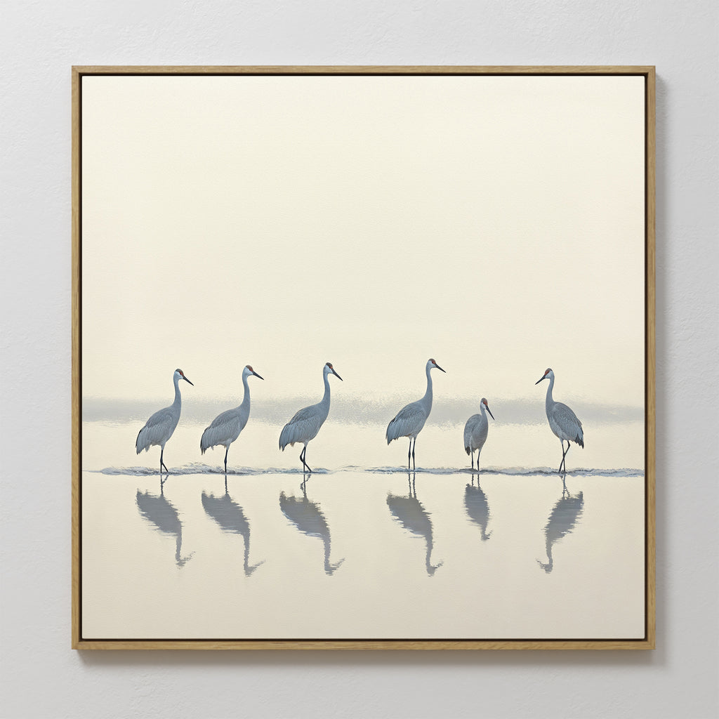 The Sandhill Procession Canvas Art - Square features six cranes standing in shallow water, their reflections visible against a soft neutral backdrop—perfect for adding serene elegance to any Nordic Park-inspired space.