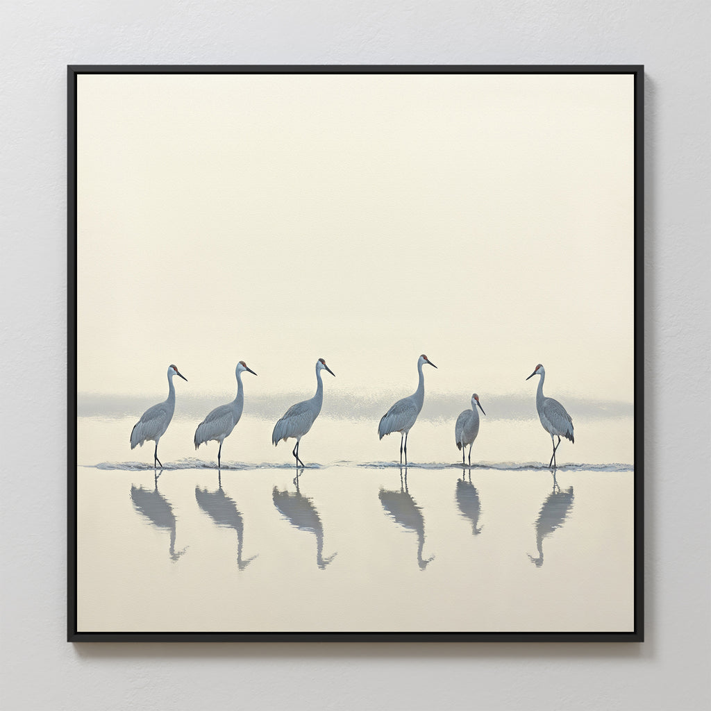 The Sandhill Procession Canvas Art - Square features six tall wading birds reflected in shallow water, set against a soft beige and gray background—ideal serene wall art for a Nordic Park-inspired space.