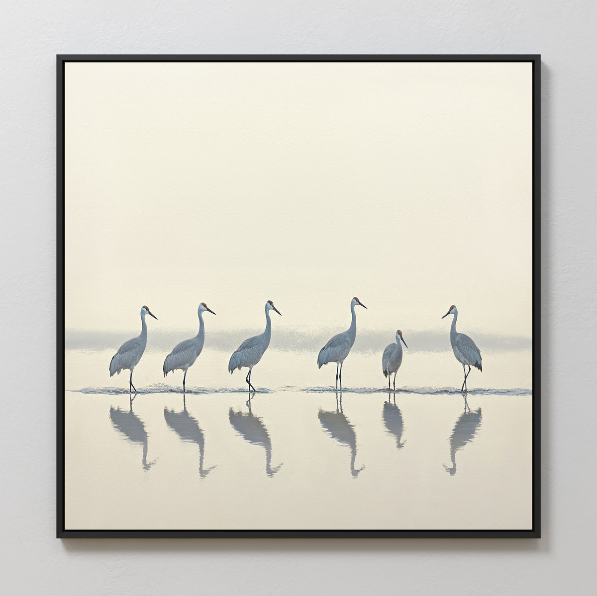 The Sandhill Procession Canvas Art - Square features six tall wading birds reflected in shallow water, set against a soft beige and gray background—ideal serene wall art for a Nordic Park-inspired space.