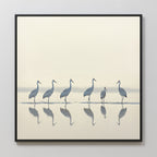 The Sandhill Procession Canvas Art - Square features six tall wading birds reflected in shallow water, set against a soft beige and gray background—ideal serene wall art for a Nordic Park-inspired space.