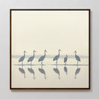 The Sandhill Procession Canvas Art - Square features six cranes standing in shallow water with reflections, set against a soft, neutral background for a peaceful, minimalistic Nordic Park vibe.