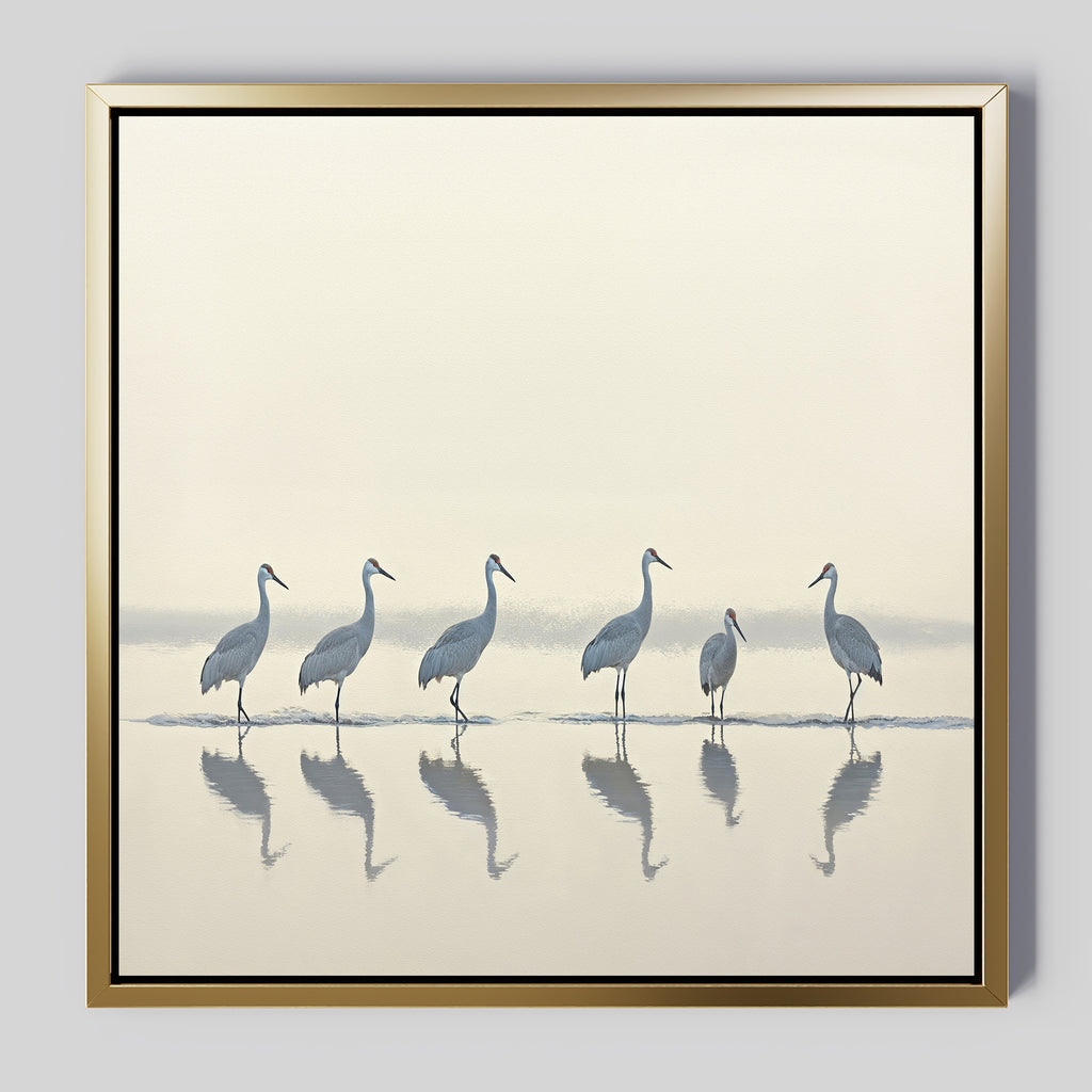 The Sandhill Procession Canvas Art - Square depicts six cranes standing in shallow water with shimmering reflections, set against a soft, pale Nordic Park-inspired background in a serene framed wall art piece.
