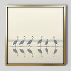 The Sandhill Procession Canvas Art - Square depicts six cranes standing in shallow water with shimmering reflections, set against a soft, pale Nordic Park-inspired background in a serene framed wall art piece.