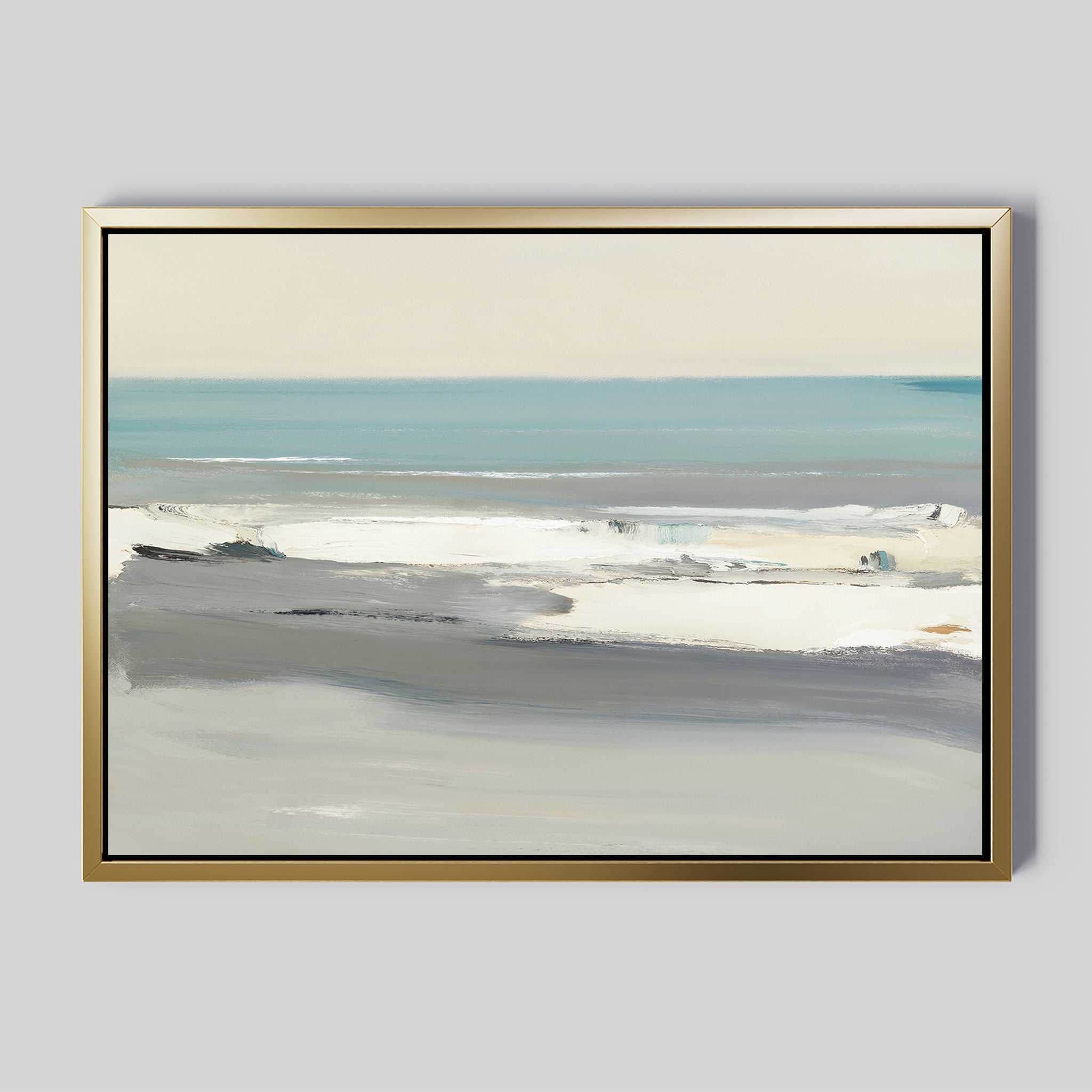 Sandy Retreat Canvas Art - Horizontal features an abstract seascape in soft blue, gray, and white tones with calm waves and a sandy shore. Framed in gold on a light gray background, it brings serene coastal vibes to your space.