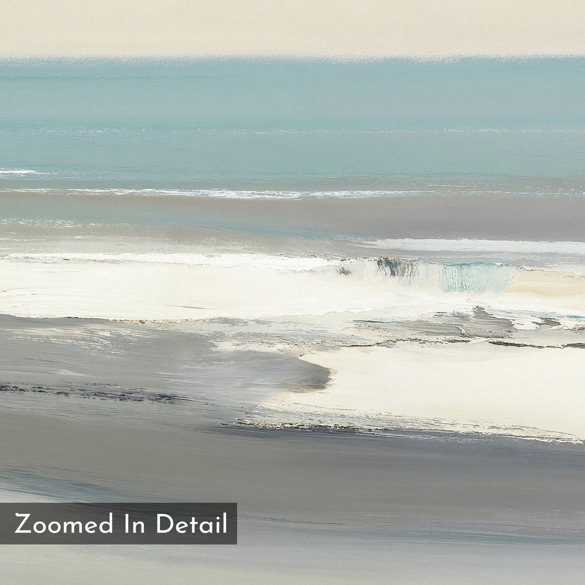 Sandy Retreat Canvas Art - Horizontal features an abstract coastal scene with soft blue, teal, gray, and white tones. Smooth brushstrokes evoke waves, sand, and water for seaside vibes. "Zoomed In Detail" appears in the bottom left.